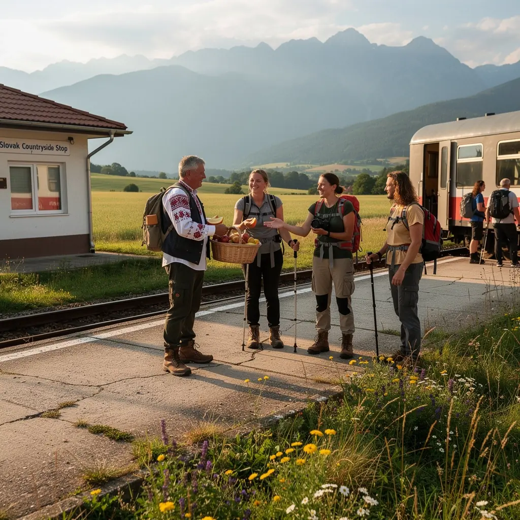 An inviting railway station in Slovakia with vibrant flowers and historical architecture welcoming travelers.