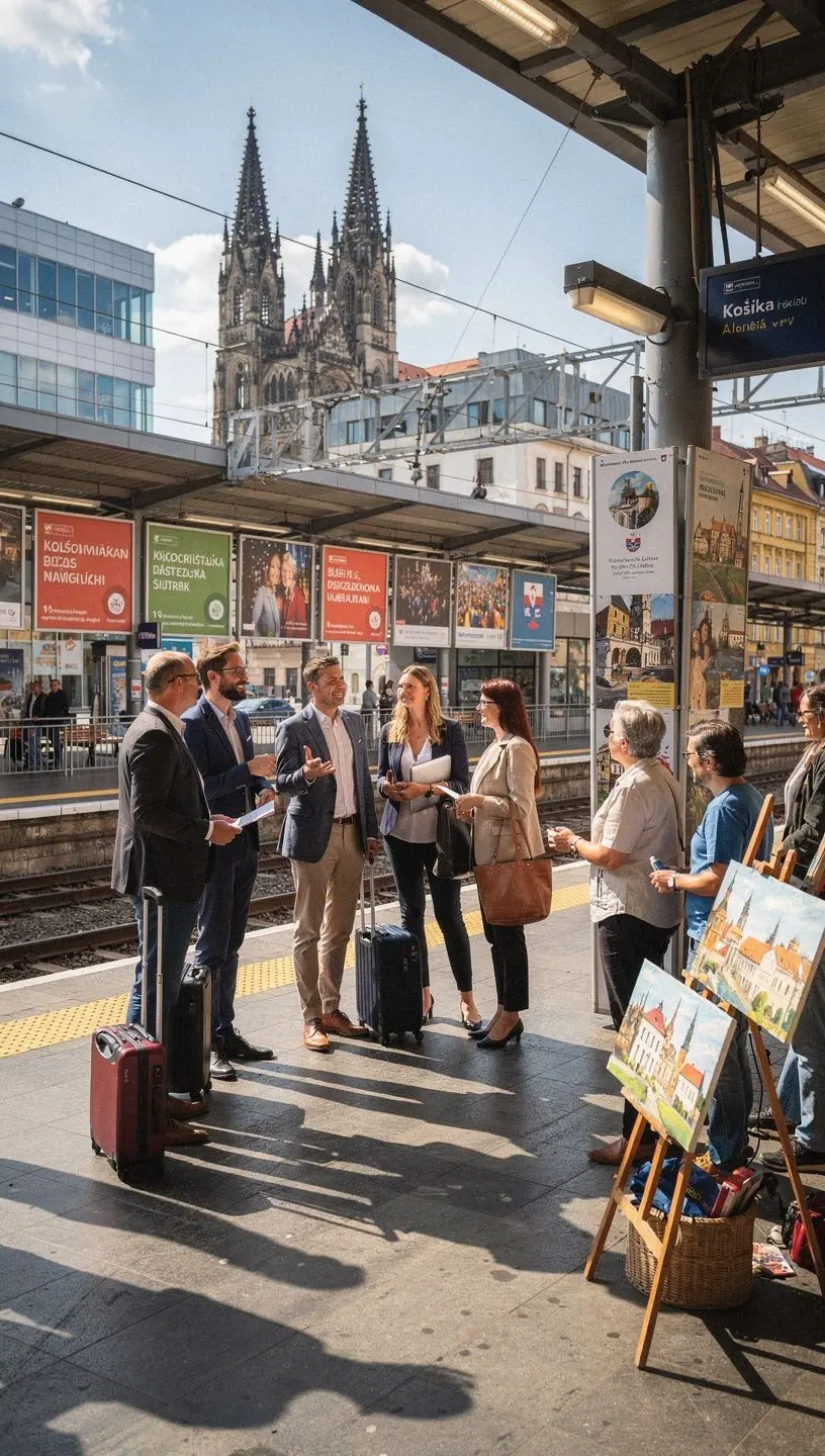 Travelers boarding a scenic train, ready to explore the beautiful countryside of Slovakia.